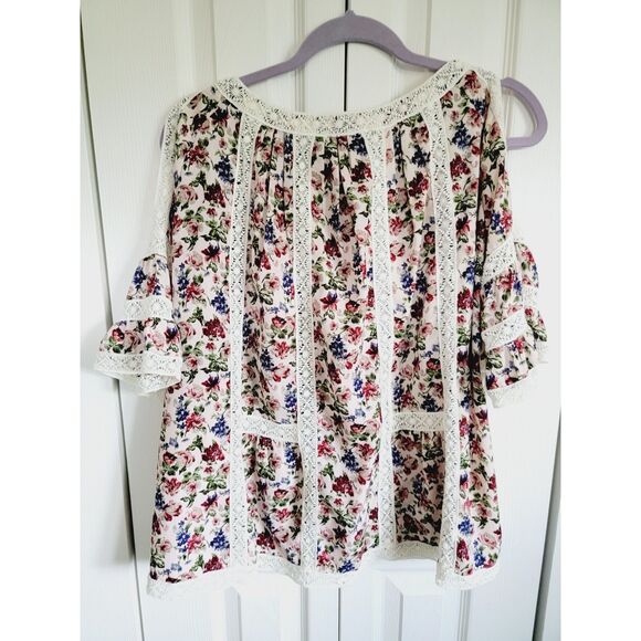 Anthropologie S Blue Tassel‎ Peasant Floral Lace Cold Shoulder Blouse Top Oversz - Picture 2 of 6